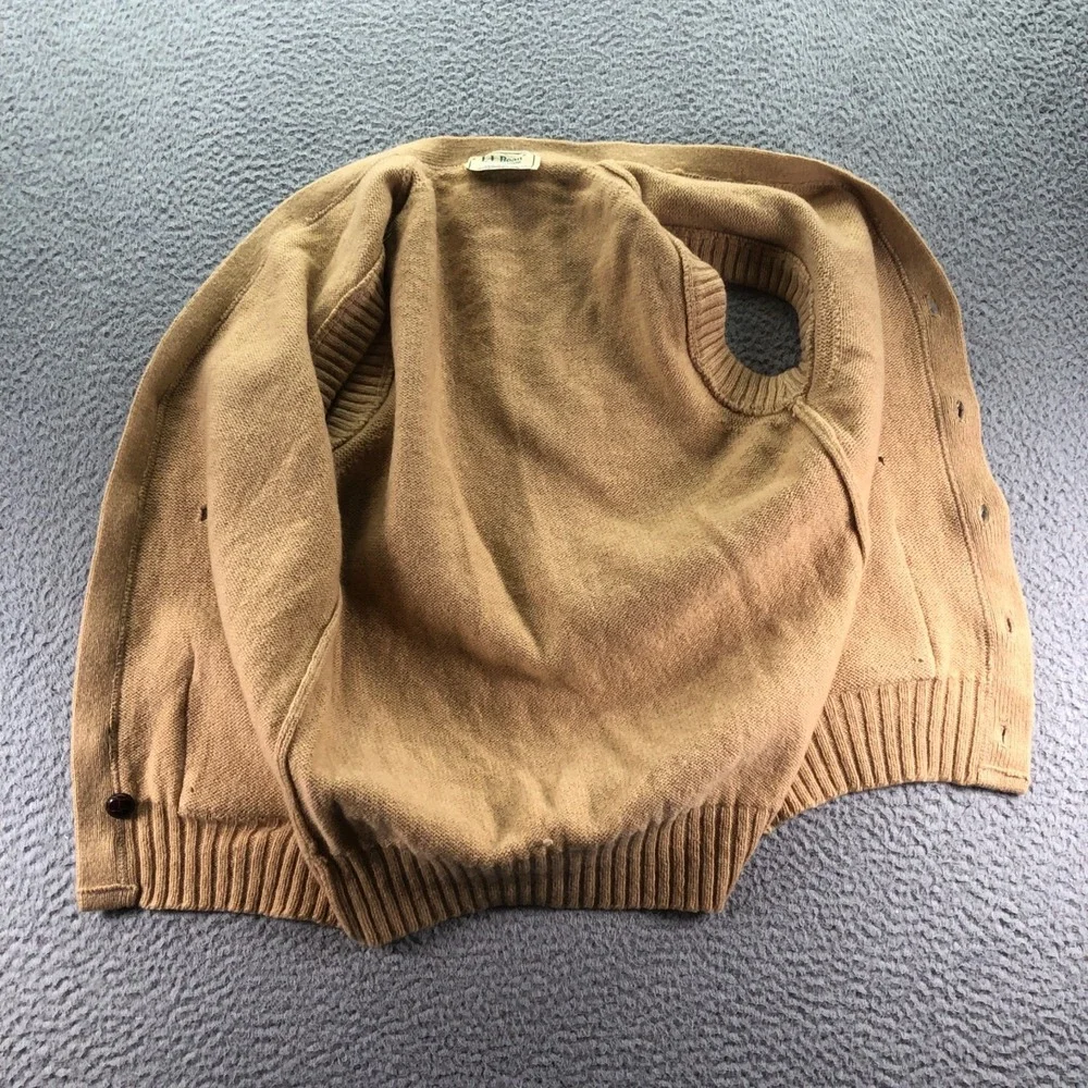 VTG LL Bean Sweater Vest Men Small Virgin Wool Camel Leather Button Cardigan USA